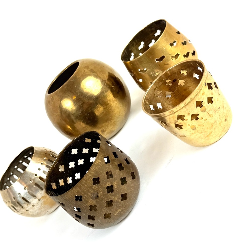 Set Of 5 India Brass Cut Out Candle Holders Lot Various Designs Clover, Duck, - Picture 2 of 11